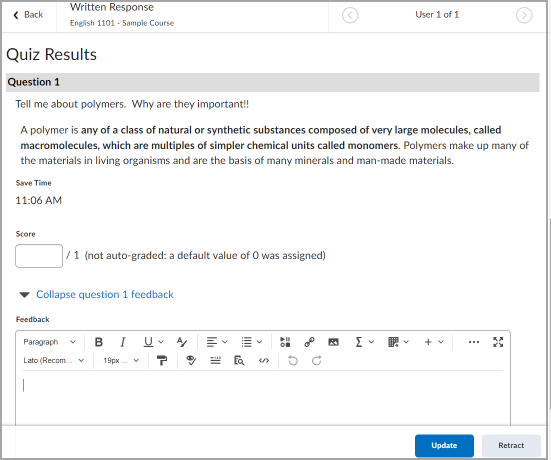 The Score and Feedback fields to evaluate written response quiz questions.