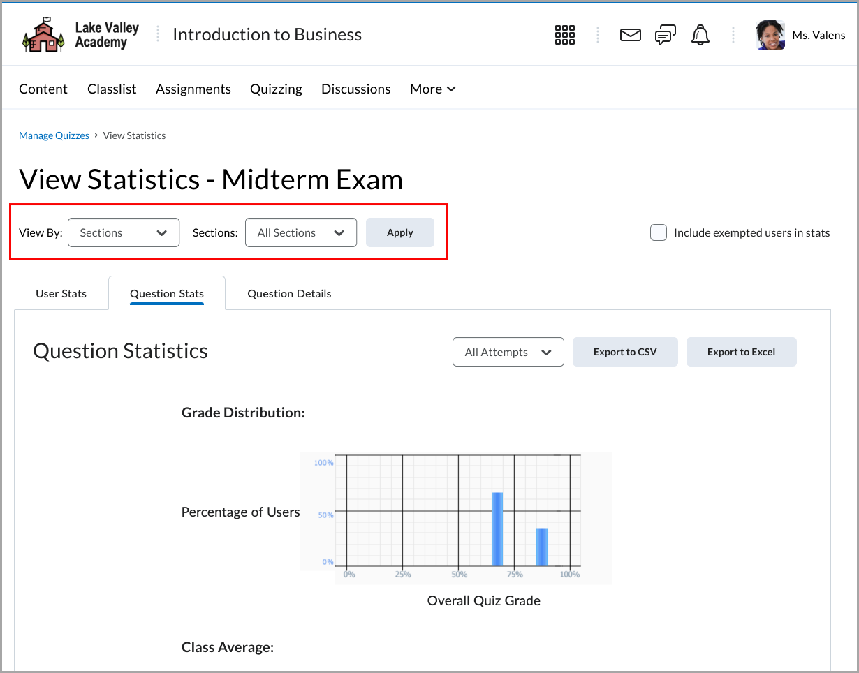 View Statistics page for a quiz with filters for sections and export options for quiz results.
