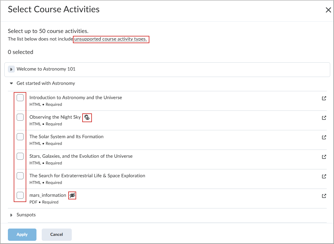 Select course activities dialog with the activities available to be selected.