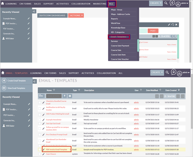 O menu suspenso Todos com a opção E-mail – modelos. O modelo de documento de e-mail em PDF aparece em E-mail – modelos.