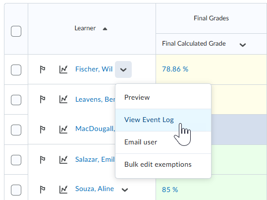 The View Event Log option in the Final Calculated Grade Actions drop-down menu.
