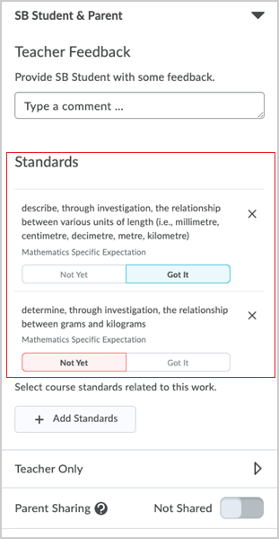 The Brightspace Portfolio Standards area for the evidence showing the standards and achievement levels