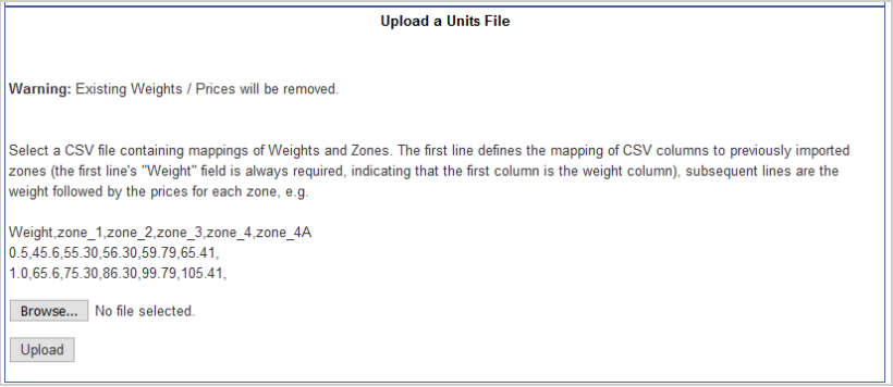 The Upload a Units File section showing the Browse and Upload buttons