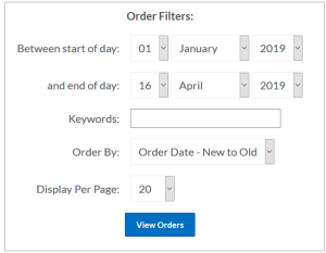 Os Filtros de pedido com o botão de pesquisa Exibir pedidos abaixo