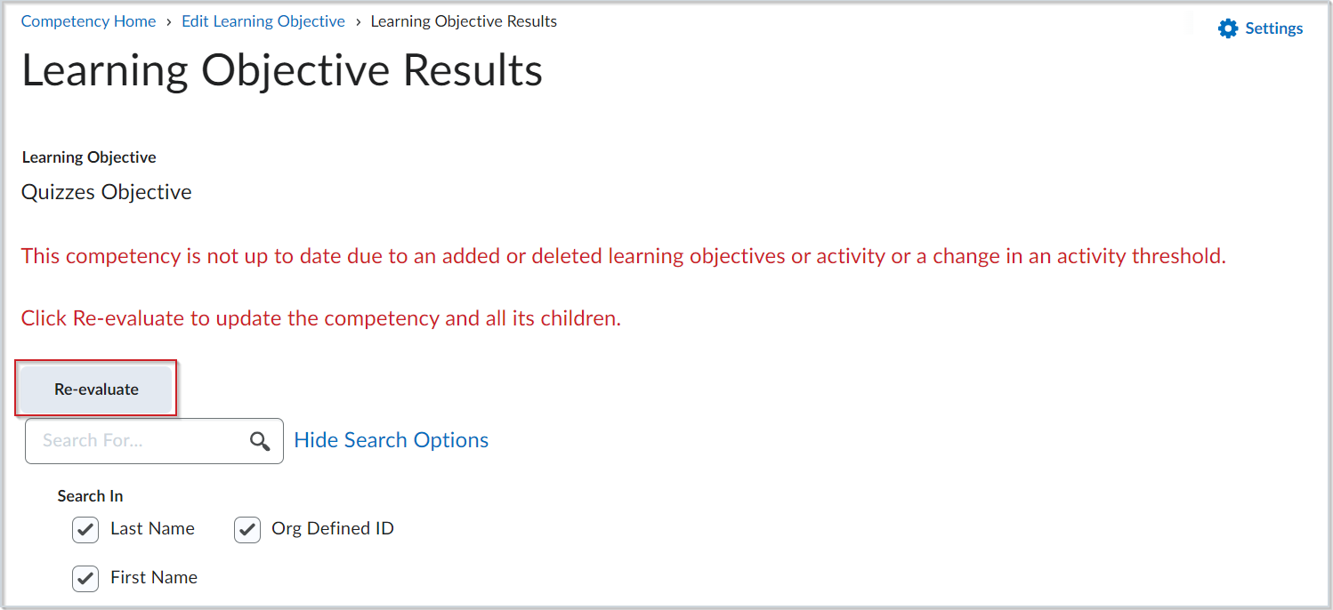 The Learning Objective Results page showing the Re-evaluate button highlighted.