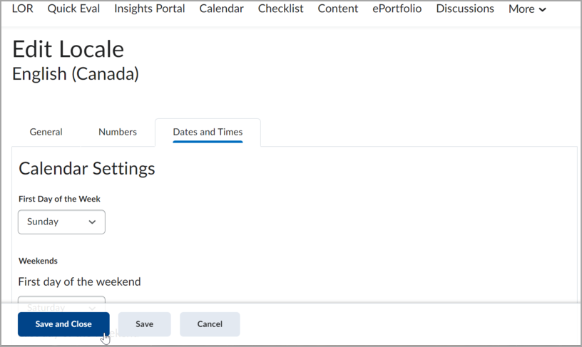 La página Editar configuración regional