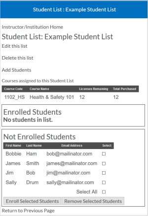 La section des étudiants non inscrits est automatiquement remplie avec les étudiants nouvellement ajoutés à la Liste d’étudiants.