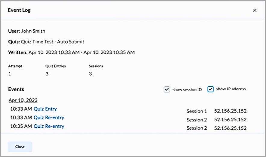 A user interface displaying a session ID with an identifier number and status information.