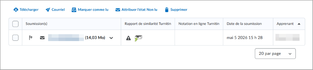 La page des soumissions après la mise à jour, affichant les fichiers, l’état du rapport TurnItIn, les dates de soumission et les noms des apprenants, avec les actions Télécharger, Envoyer un courriel et Supprimer au‑dessus.