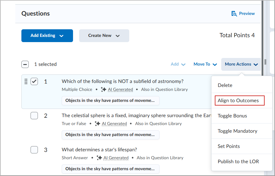 Questions section with More Actions and Align to Outcomes selected.