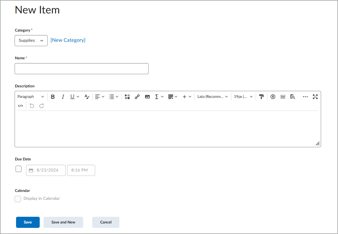 New Item page with fields for category name description due date calendar option and save actions