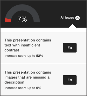 The Accessibility issues menu with the Fix button beside each issue.