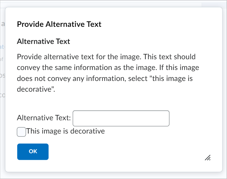 The Provide Alternative Text dialog with the OK option and the Alternative Text field.