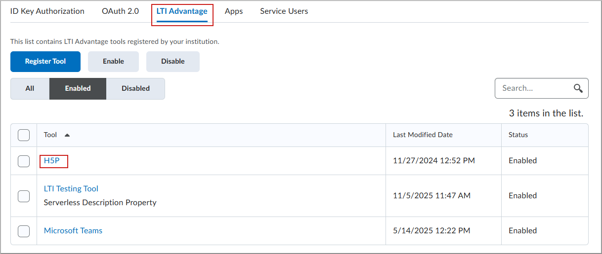 Het tabblad LTI Advantage, waarop de H5P-tool is geselecteerd.