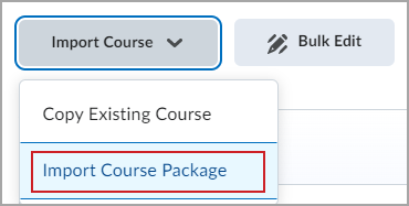 The Import Course drop-down menu highlighting the Import Course Package option.