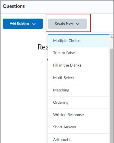 El menú Crear nuevo ofrece opciones para el tipo de preguntas disponibles que puede crear.