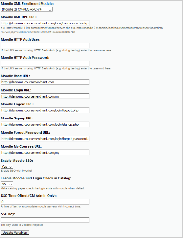 Exemplo de configurações do Moodle LMS