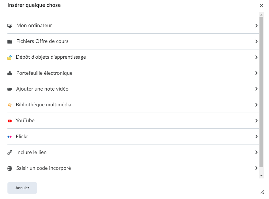 La boîte de dialogue Inclure quelque chose comprend différentes options de source pour ajouter du contenu