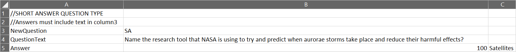 An example of a CSV file with a short answer question added.