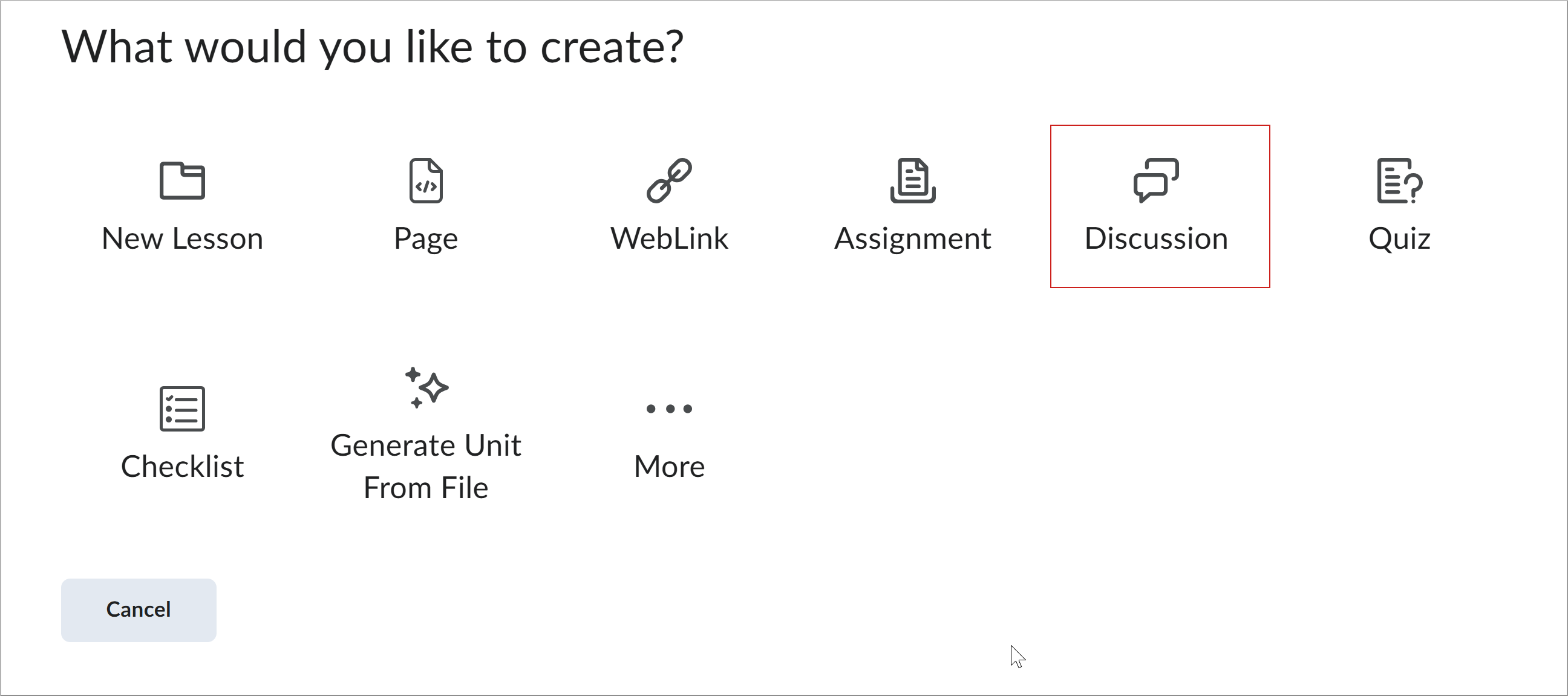 The what would you like to create dialog box with the Discussion option highlighted