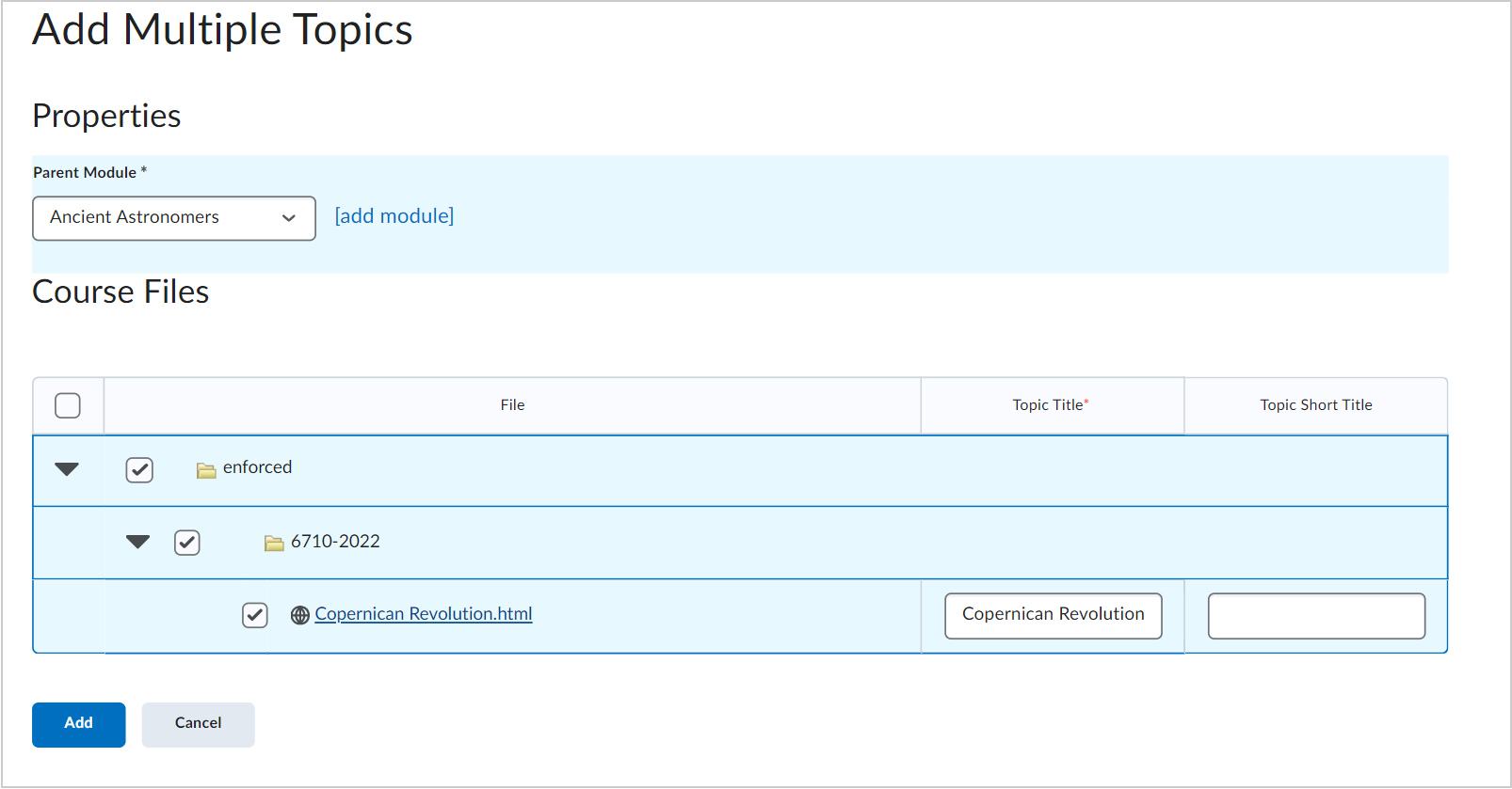 The Add Multiple Topics page displaying the Parent Module drop-down list and Add option.