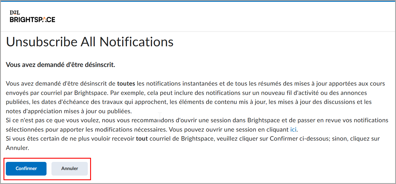 Message de Brightspace confirmant que l'inscription aux notifications et aux courriels de mise à jour de cours a été annulée.