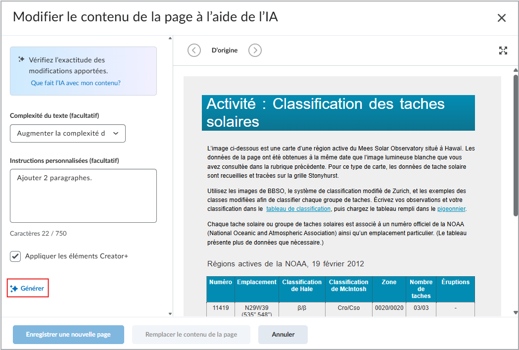 L’écran Modifiez le contenu de la page à l’aide de l’IA, dans lequel les options Complexité de texte, Instructions personnalisées et Générer sont en surbrillance.
