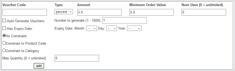De invoervelden voor het maken van een aangepaste voucher, inclusief velden zoals Code, Type en Bedrag