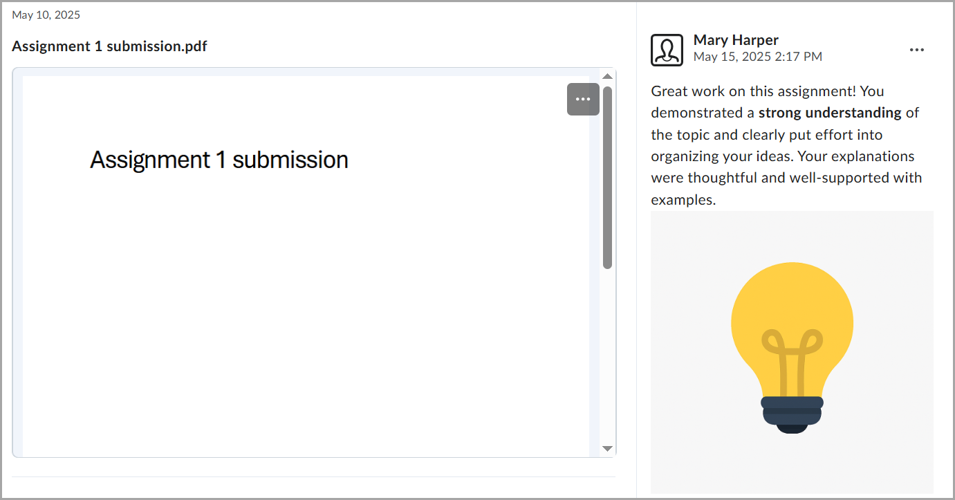 Assignment PDF preview with feedback and lightbulb icon.