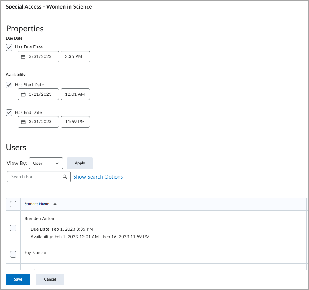 The Properties and Users sections in the Special Access dialog.