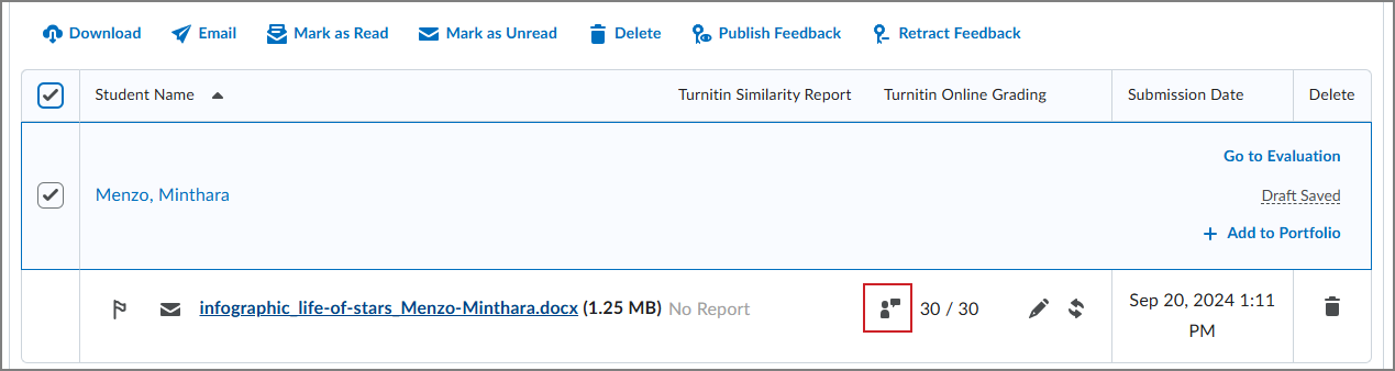 De instructeursfeedback-indicator laat zien aan welke opdrachten feedback is toegevoegd met Turnitin.