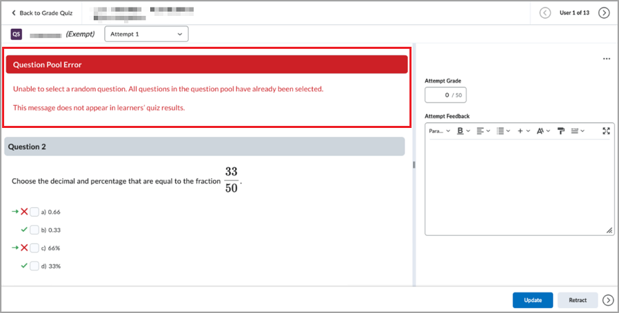 The Grading view showing Question Pool Error with selected and correct answers for a quiz question.