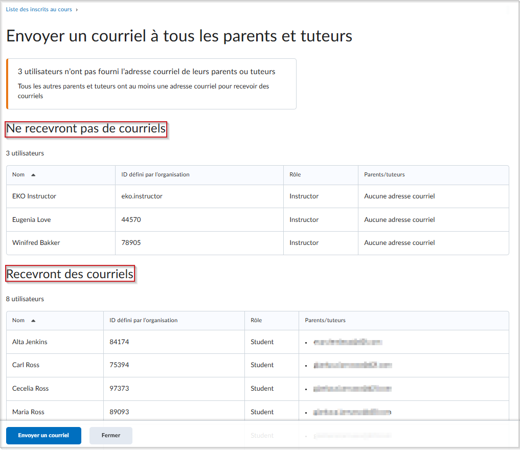 Liste indiquant quels parents et tuteurs recevront ou ne recevront pas de courriel, selon la disponibilité des adresses courriel
