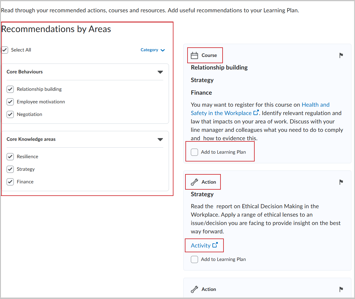 Brightspace Profession Path tool displaying recommendations for learners by areas such as Core Behaviours and Core Knowledge areas. Users can view recommendations, including courses and actions, with options to add them to their Learning Plan.