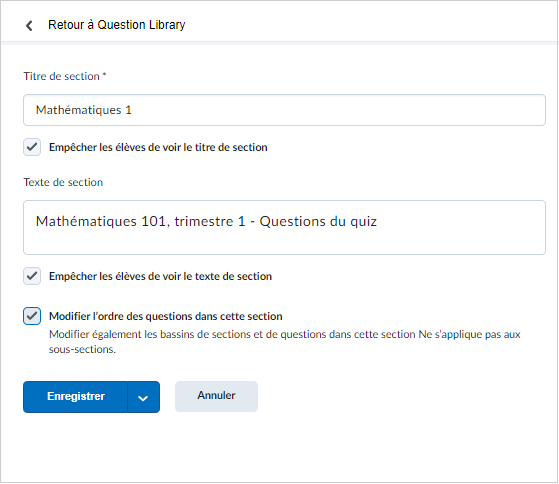 L’écran de création de section dans la Bibliothèque de questions