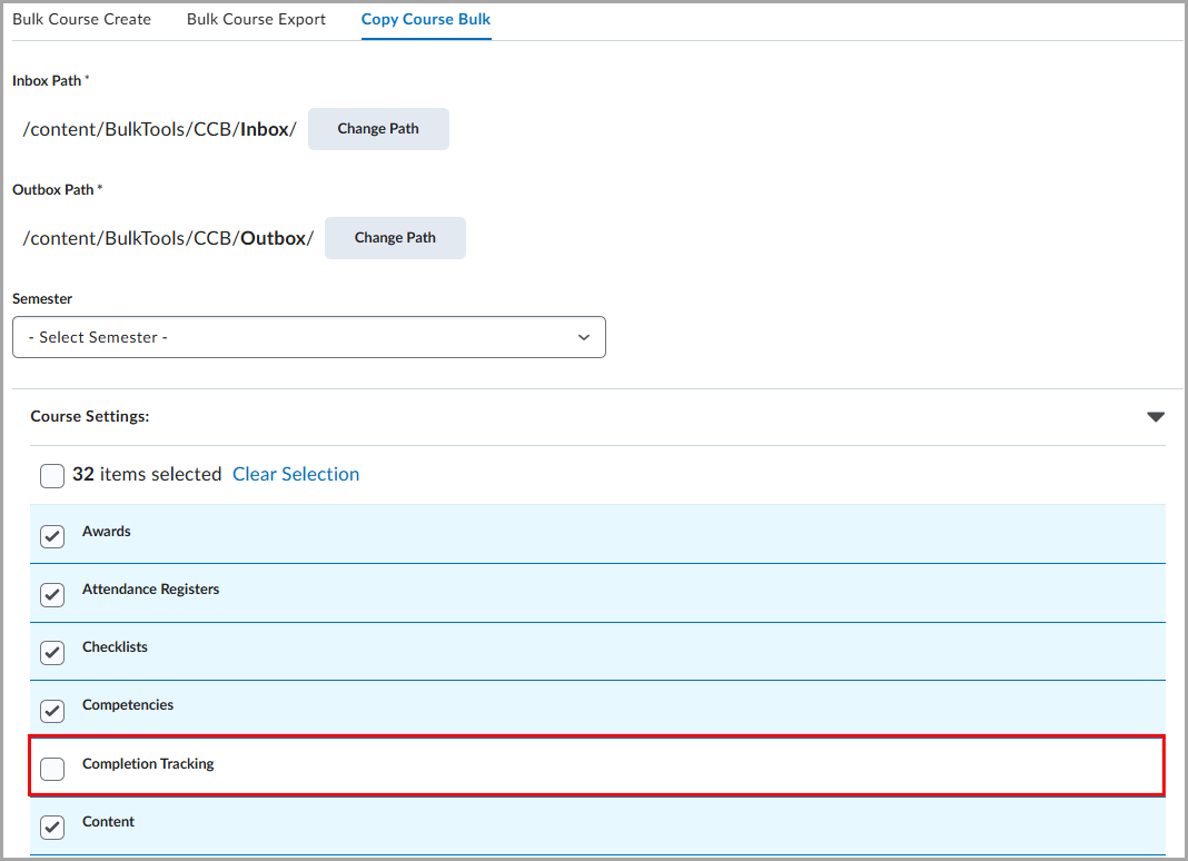 Copy Course Bulk tab showing Completion Tracking.