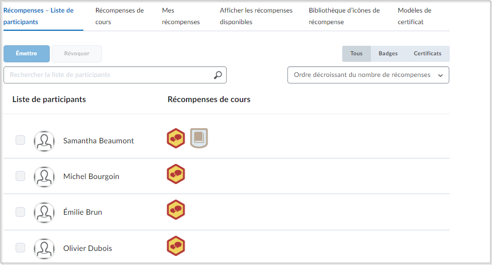 L'onglet Récompenses de la liste des inscrits au cours.