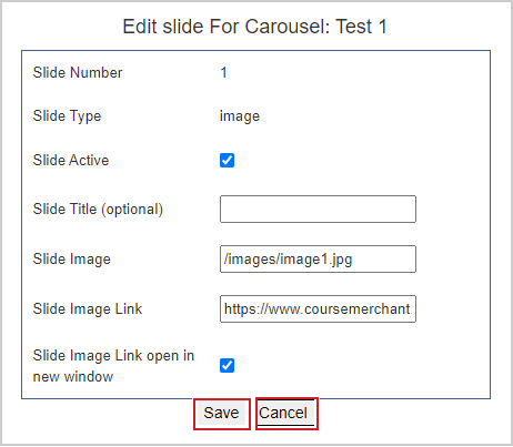 A janela de edição de uma nova imagem do carrossel. Número, Tipo, Ativo, Título, imagem e Link de imagem estão visíveis. Os botões Salvar e Cancelar estão abaixo.