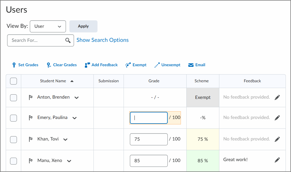 Grade Book interface showing a list of users with their corresponding grades, schemes, feedback, and assessment statuses. Options include setting grades, clearing grades, adding feedback, exempting or unexempting, and emailing.