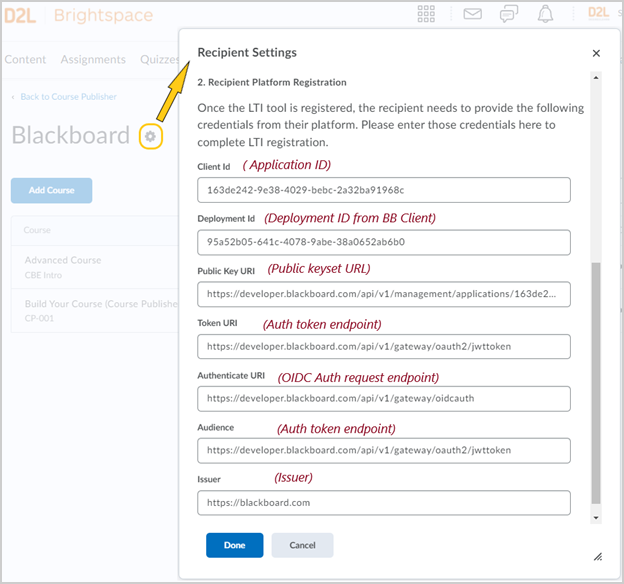 Configuración del destinatario en el editor de cursos de Brightspace