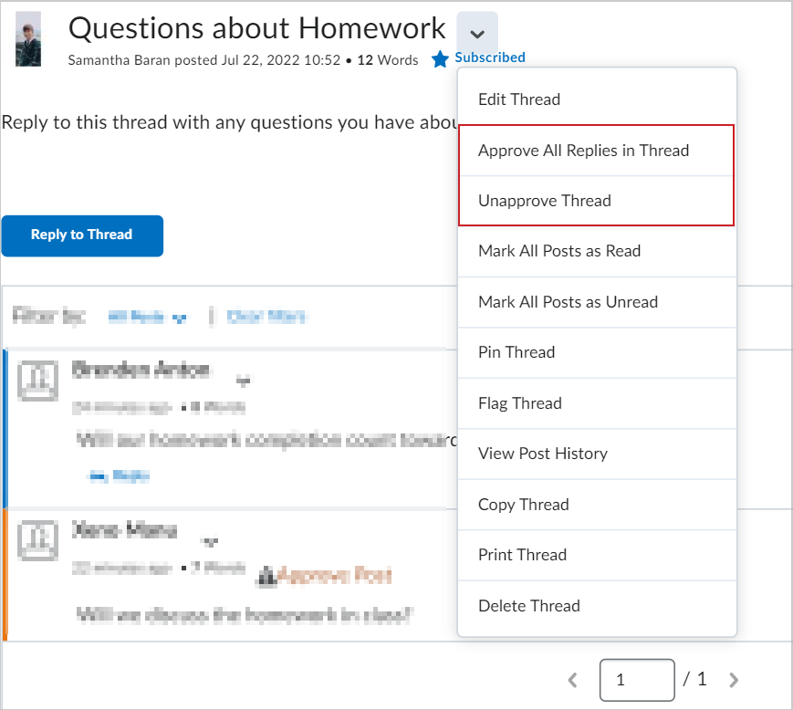 The Actions menu for a topic showing the Approve All Replies in Thread and Unapprove Thread options.
