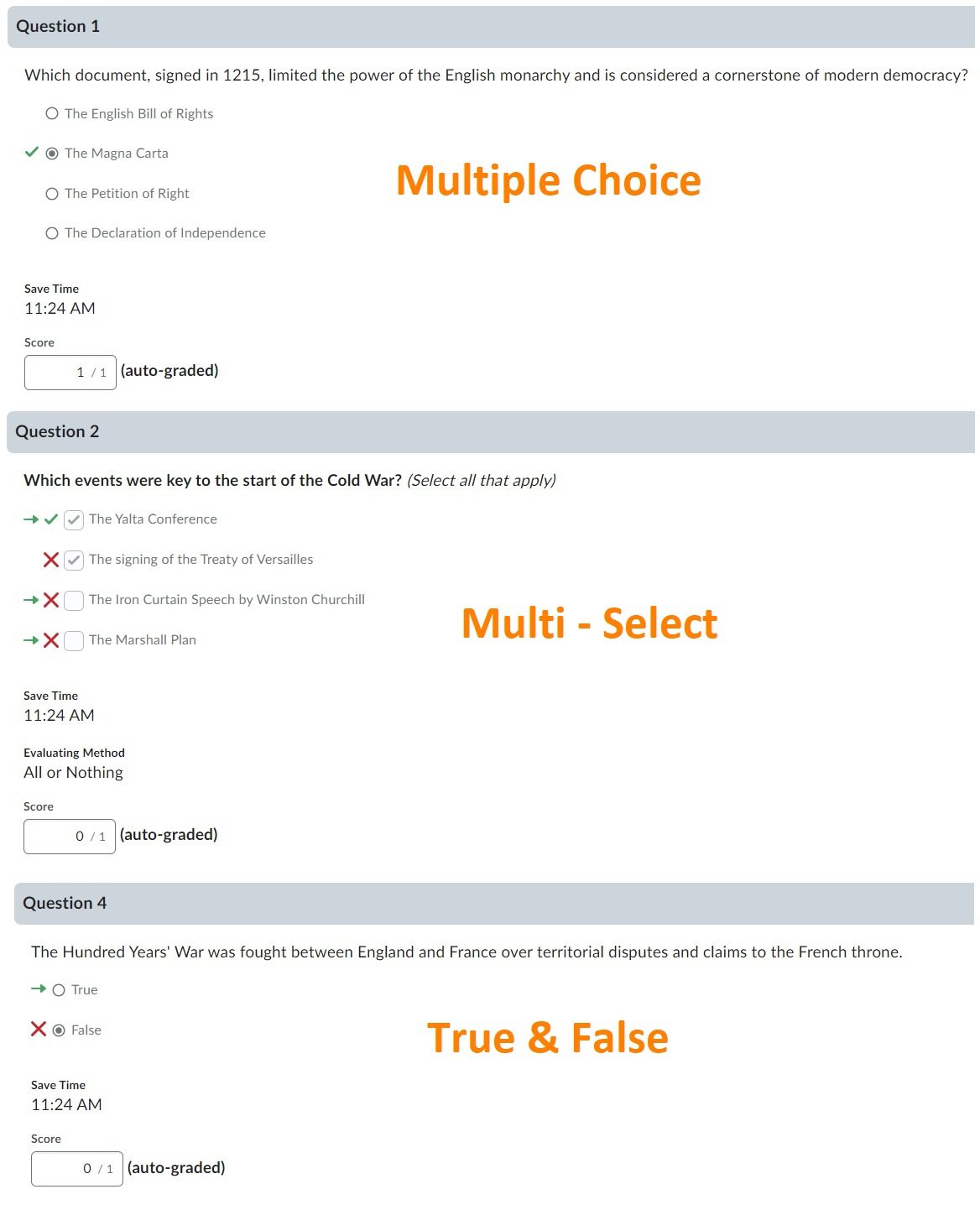 Examples of the new view for quiz questions for learners