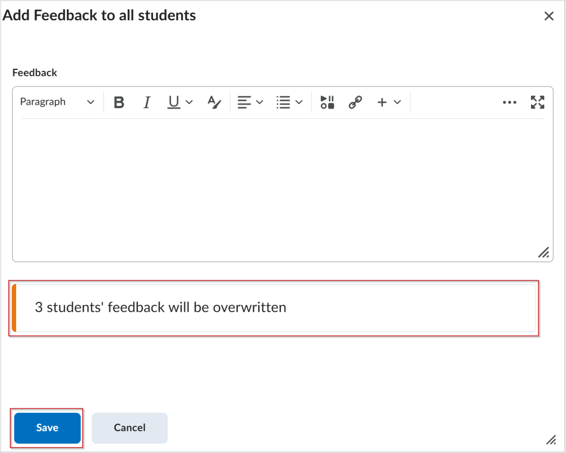 La ventana Agregar comentarios a todos los estudiantes en Brightspace con una advertencia sobre la sobrescritura de los comentarios existentes y el botón “Guardar” resaltado.