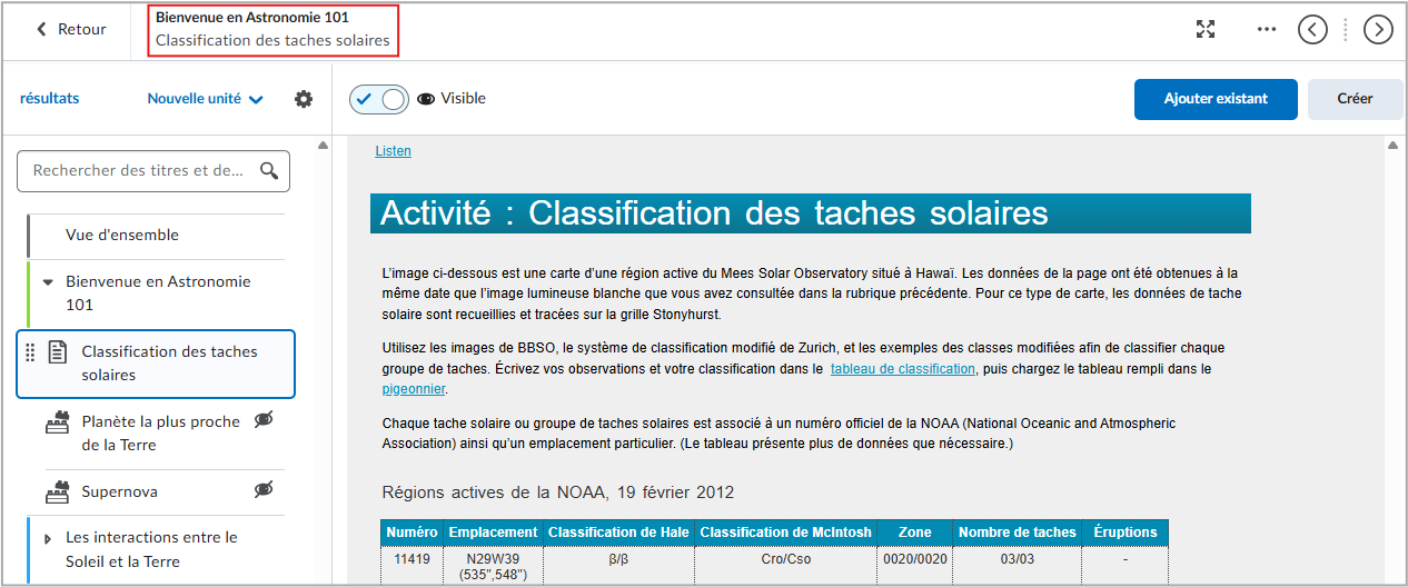 Table des matières affichant la barre de navigation avec le fil d'Ariane
