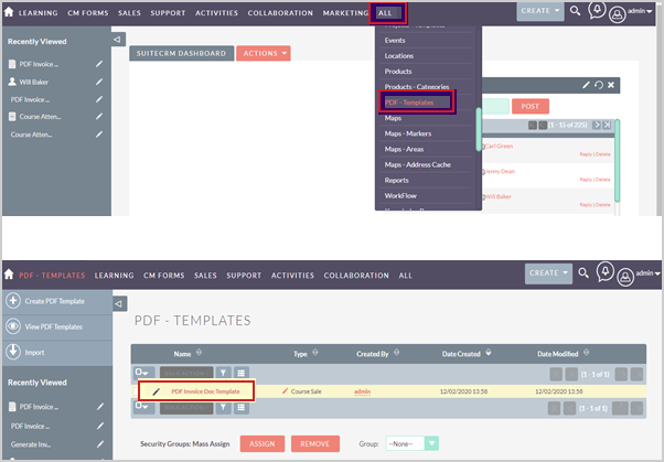 The All drop-down menu with the PDF - Templates option. The PDF Invoice Doc Template appears in PDF - Templates.