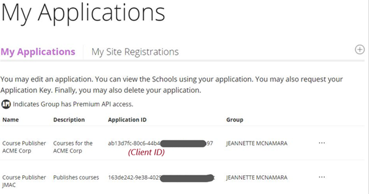 Application information in the Blackboard client site