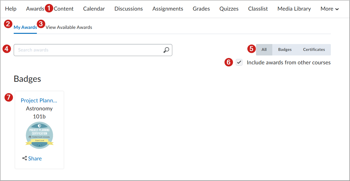 An overview of the Awards page showing earned Badges, a search bar and the Include awards from other courses option on My Awards tab
