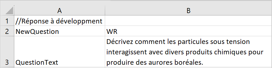 Un exemple de fichier CSV contenant une réponse manuscrite à une question.