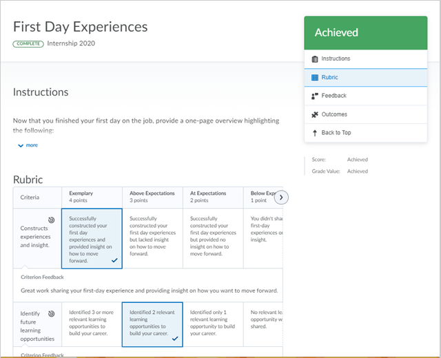 The feedback and assessment area displaying after clicking a learning outcome.