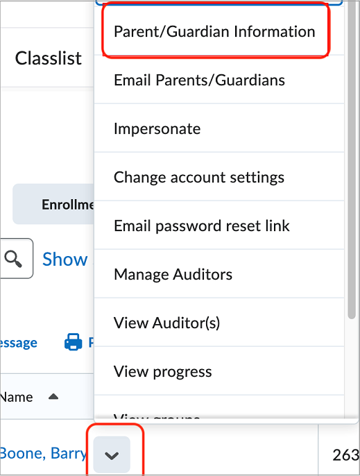 Parent Guardian Information appears in the drop-down menu beside student names in Classlist.